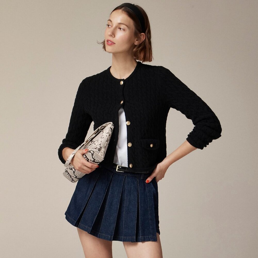 NWT J.Crew Odette in Black Cotton-blend Bouclé Cable-knit Sweater Lady Jacket L